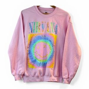 Nirvana Pink Tie‑Dye Smiley Face Crewneck Sweatshirt NWT M